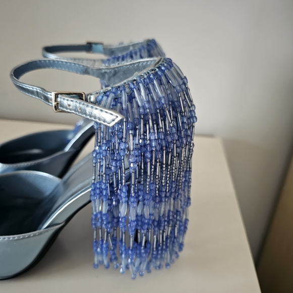 JEFFREY CAMPBELL Show Stop Light Blue Metallic Beaded Fringe Leather Pumps - Picture 5 of 16